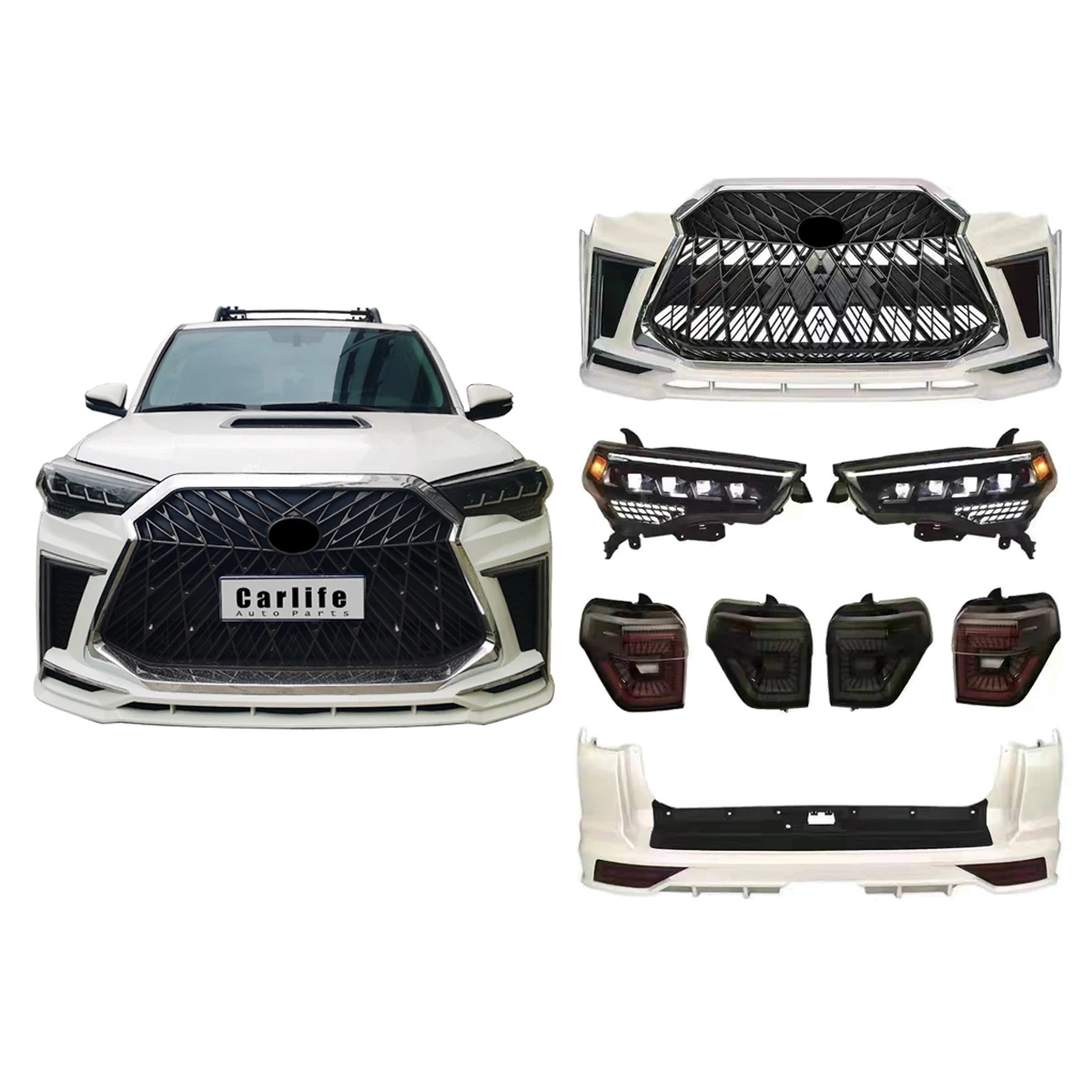 

PP material bumpers bodykit consist of headlight for toyota 4 runner 2010- 2021 modified to lexus model.