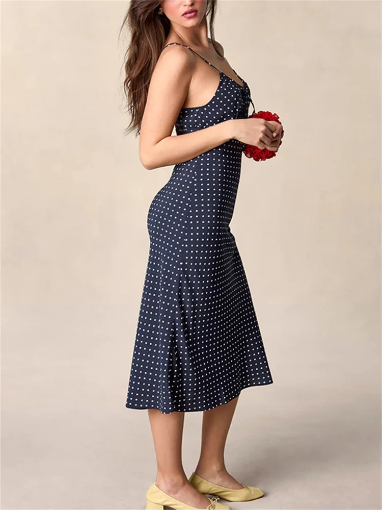 Polka Dot Print Women Backless Sling Midi Dress Lace-Up Square Collar Sexy Elegant Lady Sleeveless French Long Robe Holiday