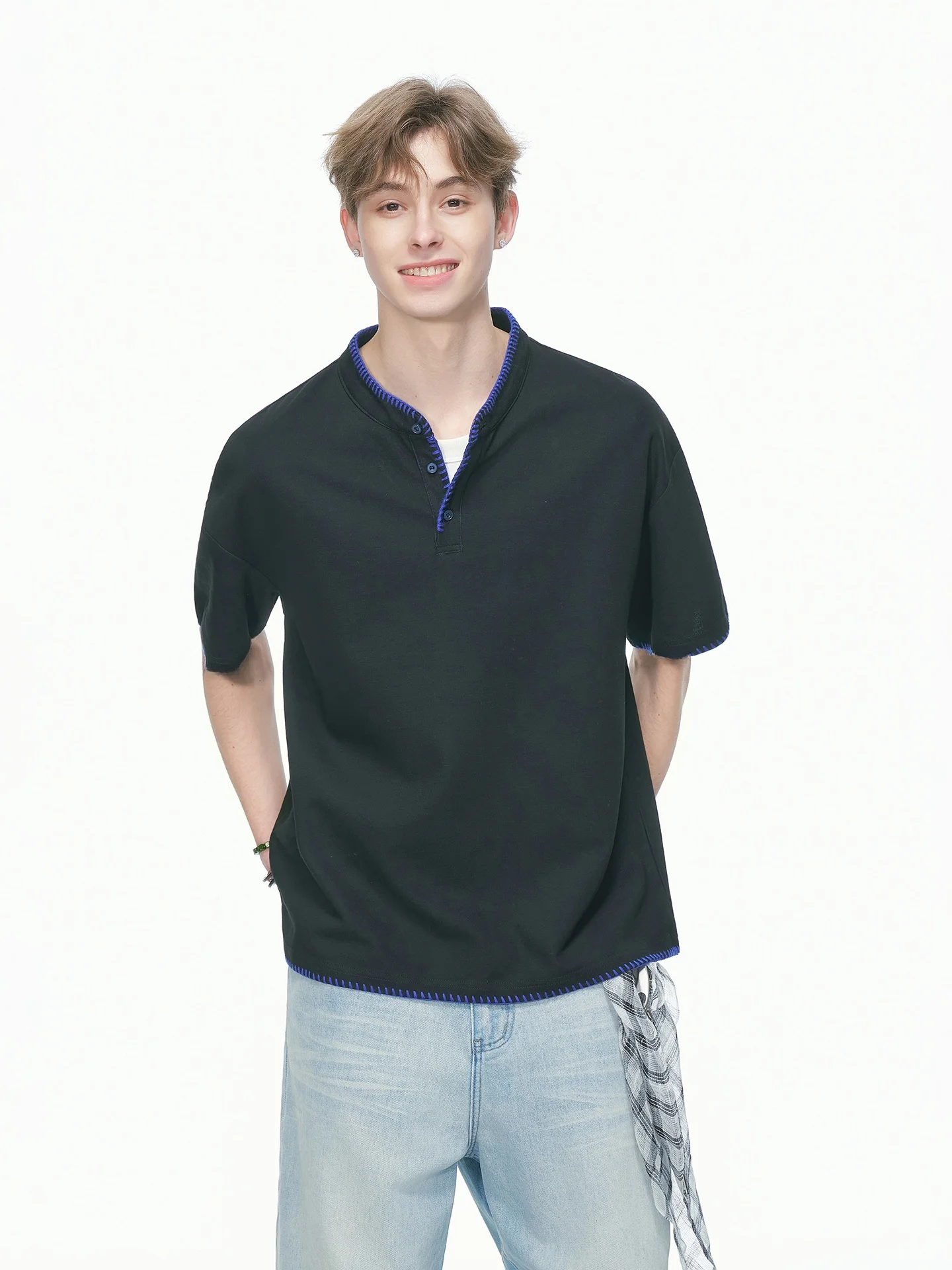 Dream Made Unisex Short Sleeve T-Shirt Heavyweight Casual Henry Collar Top for Summer Youth Fashion Cotton Blend Fabric