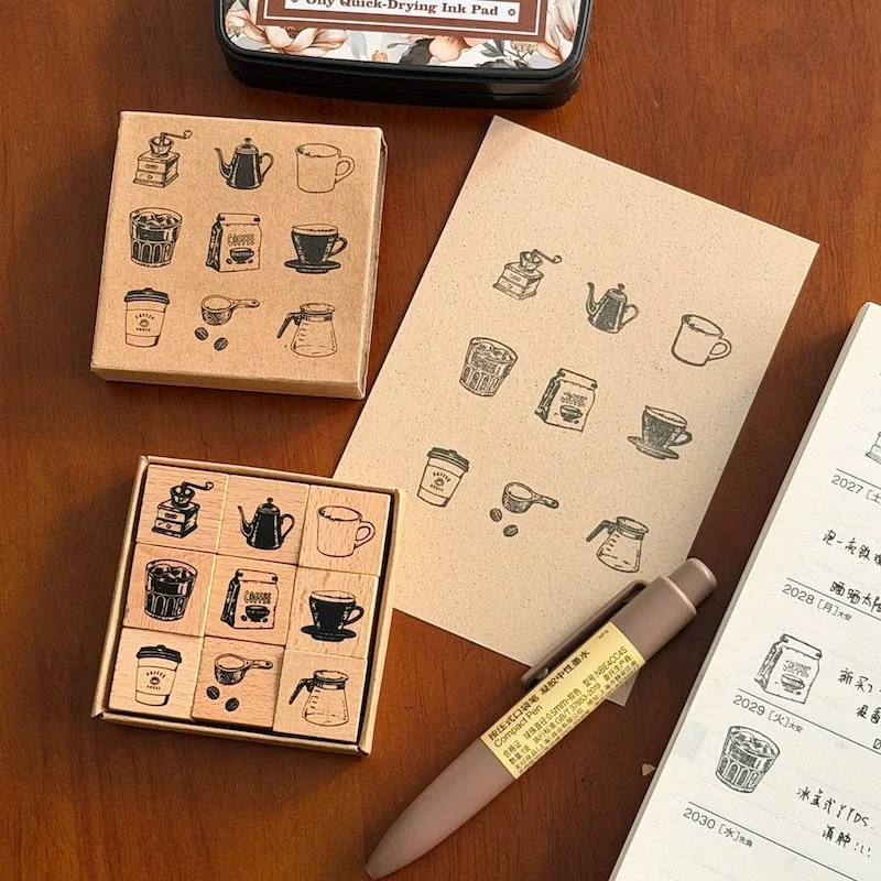 Vintage Coffee Pot Cup Bean Wood Stamp Set for Diary Junk Journal Deco DIY Handicraft Material Scrapbooking Wooden Seal view 6