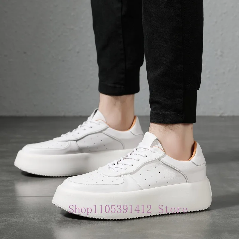 Men Sneakers Genuine Leather Breathable Platform Skate Shoes Lace‑Up Thick Bottom Height Increasing Casual Daily Walking Shoes