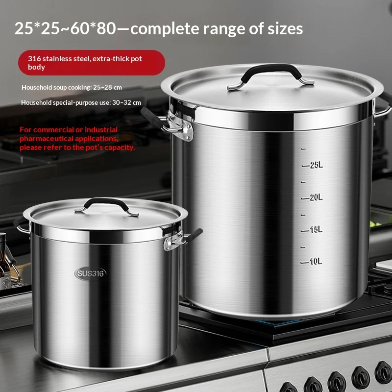 316 stainless steel soup bucket with lid, large capacity thickened double bottom bucket, induction cooker, extra large stew pot