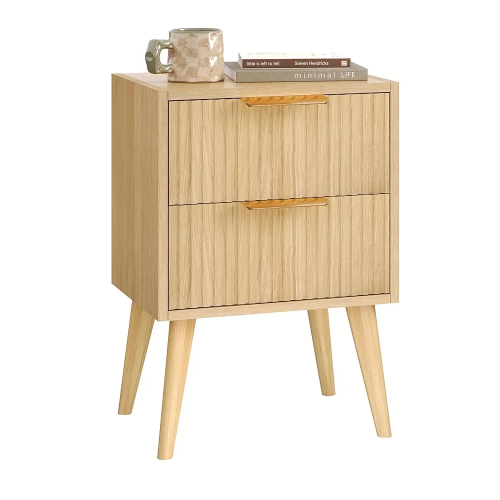 

Fluted Nightstand With 2 Drawers,Modern Bedside Table With Metal Handles,White Side Table With Solid Wood Legs,Mid End Table