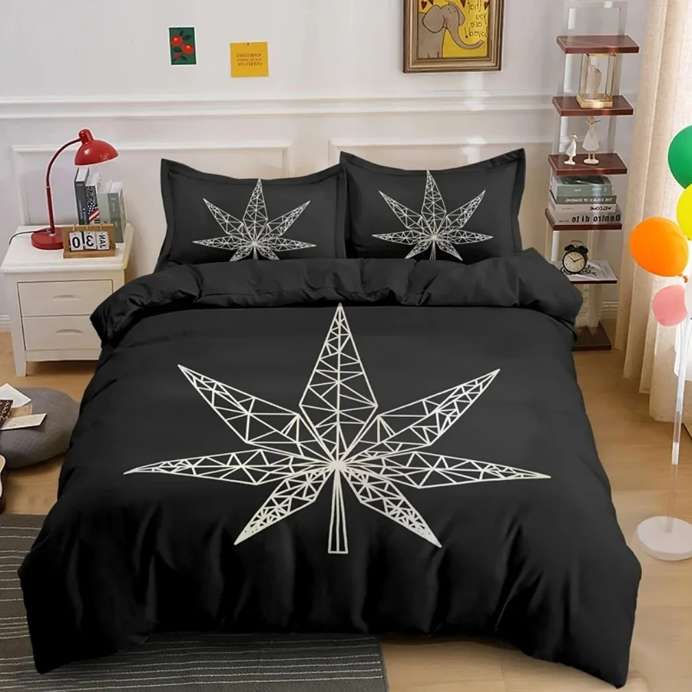 Marijuana Weed Leaf Bedding Set,Green Plant Leaves Duvet Cover Single Double King Queen Bedclothes