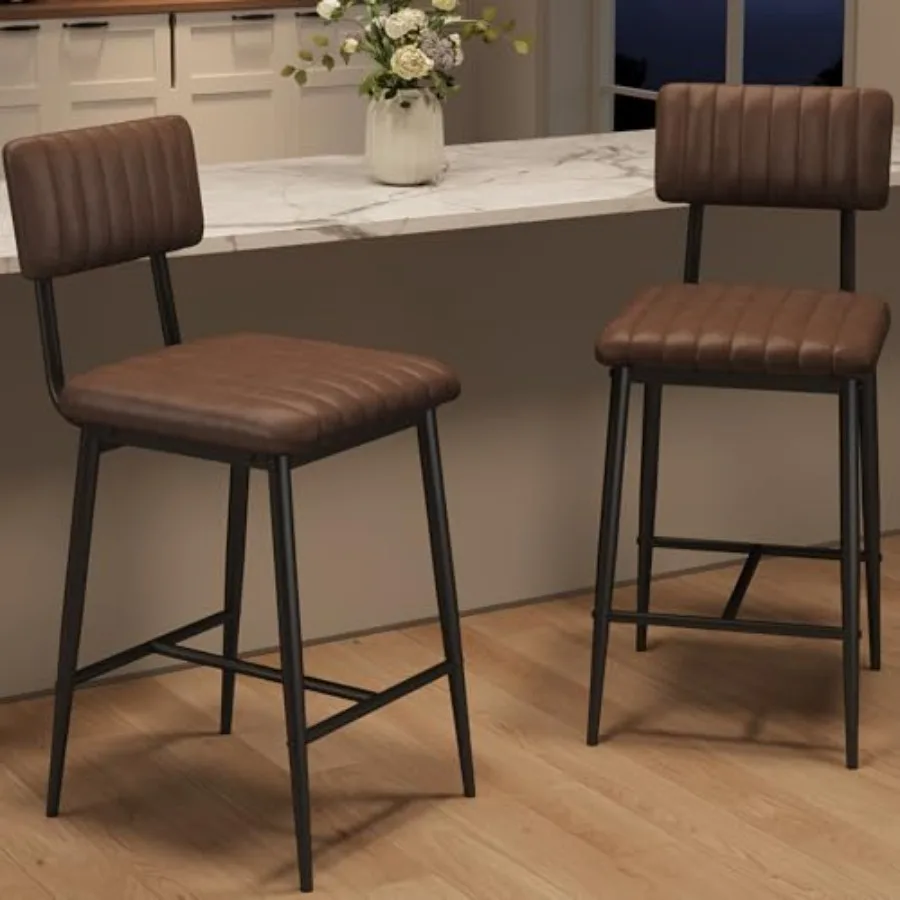 

Набор из 2 высоких барных стульев с толстыми подушками, усиленными металлическими ножками, из искусственной кожи, для барной стойки, со спинкой