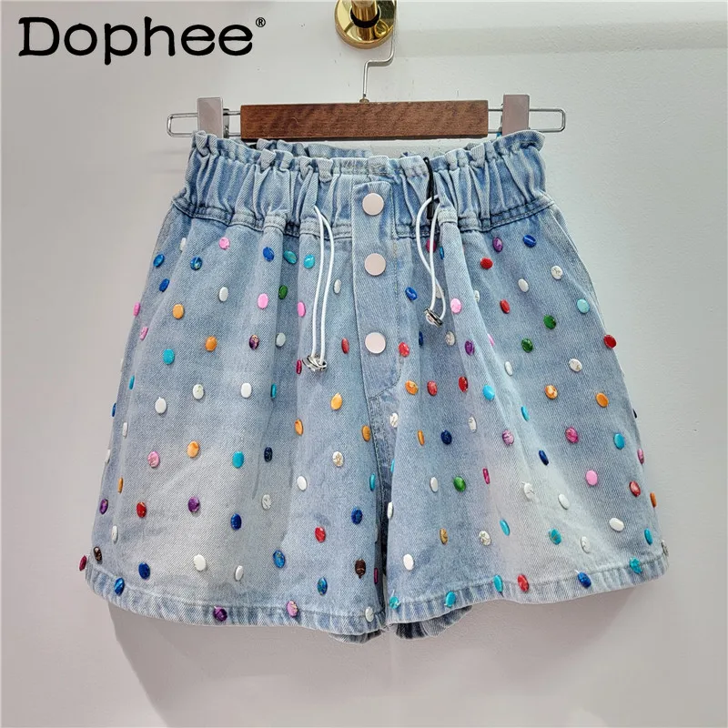 Colorful Beaded Denim Shorts Women 2024 Summer European Goods Handmade Beaded High Waist Slimming and Wide Leg Womens Shorts