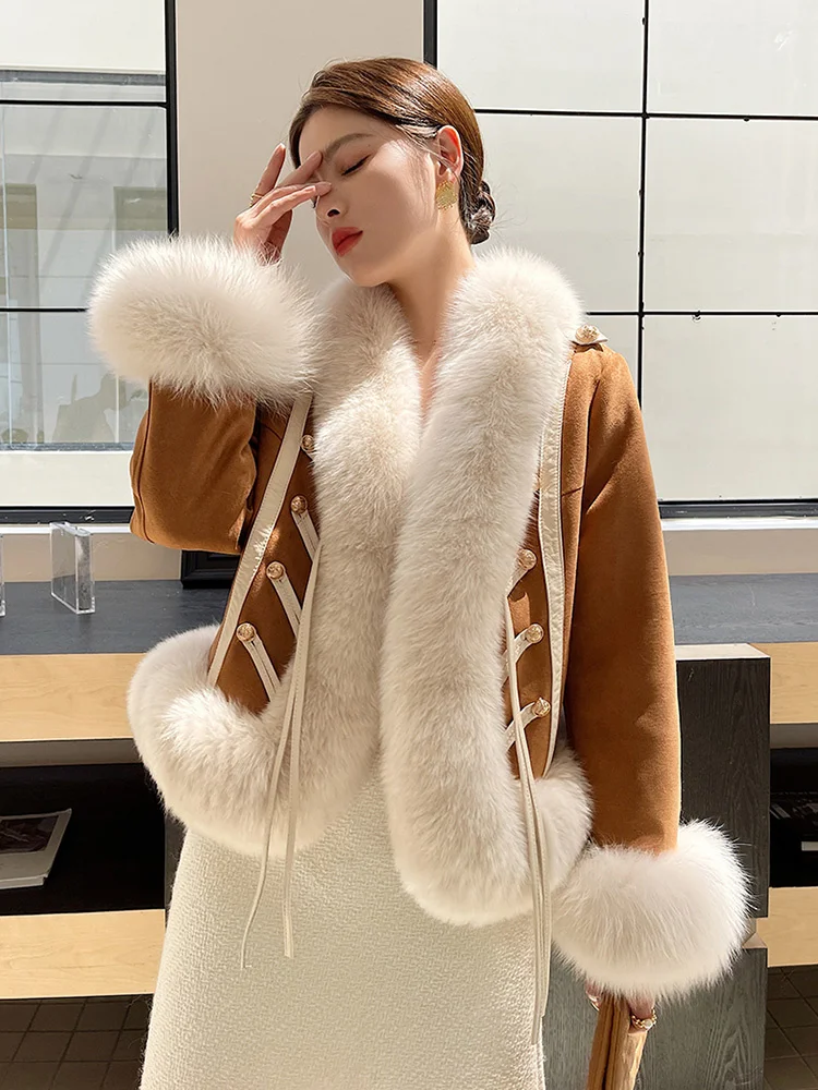 Women Real Fur New Coat Autumn Winter Retro Court Style Thicken Fox Fur Collar Suede Fur Jacket Goose Down Liner Loose Outerwear