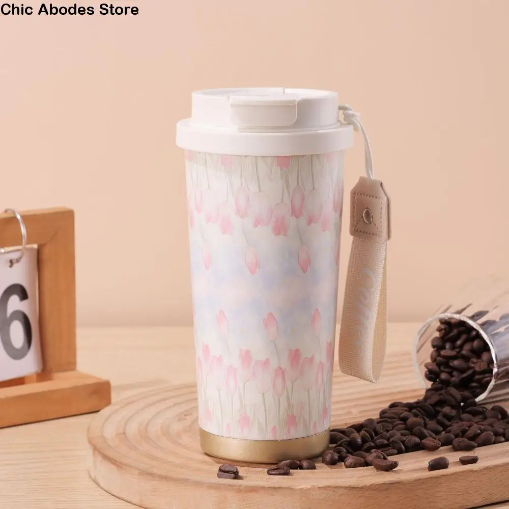 

Durable Stainless Steel Flower Thermos Mug Leak-Proof 500ml Capacity Coffee Insulated Cup with Straw Vacuum Flask Office Use