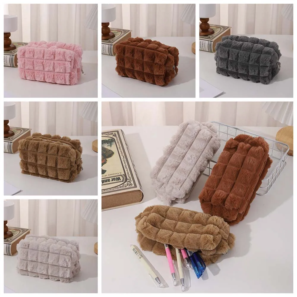 Makeup Bag Solid Color Plush Pencil Case Large Capacity Stationery Organizer Stationery Bag Soft Plush Puff Plush Pen Bag School