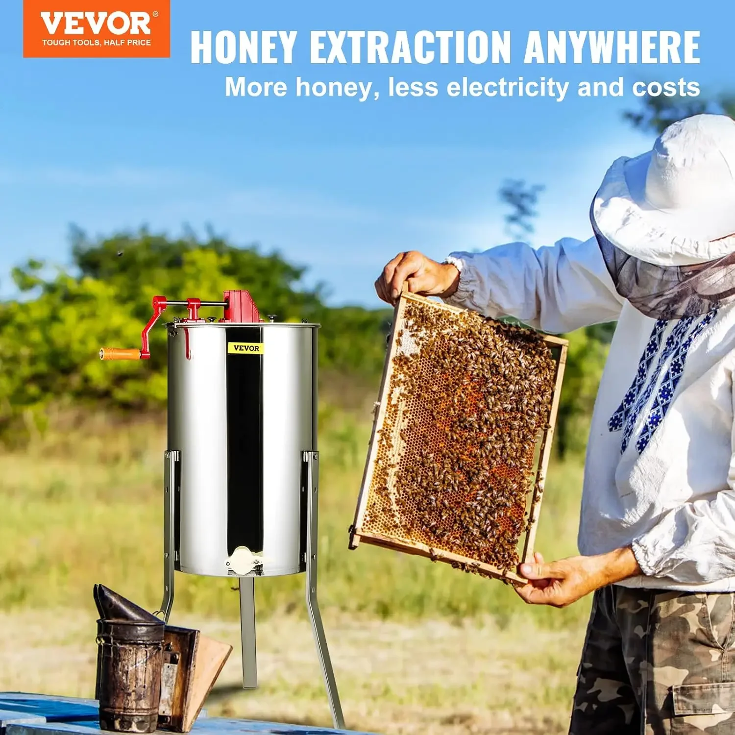 3 Frame Honey Extractor, Stainless Steel Manual Beekeeping Extraction, Honeycomb Drum Spinner with Transparent Lid, Apiary Centr