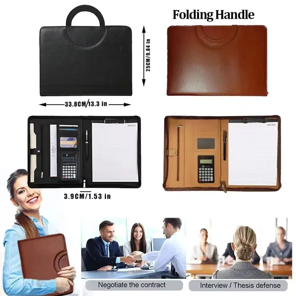 2026Multifunctional A4 Conference Folder Business Stationery Folder Leather Contract File Folders Zippered Organizer Card Holder