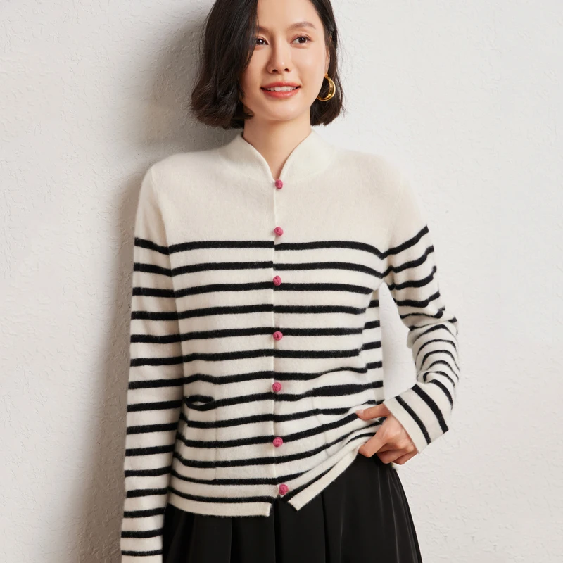 

Кардиган с воротником-стойкой, свитер из 100% мериносовой шерсти, осень-зима, мягкий женский трикотаж с длинными рукавами, элегантная одежда, топы