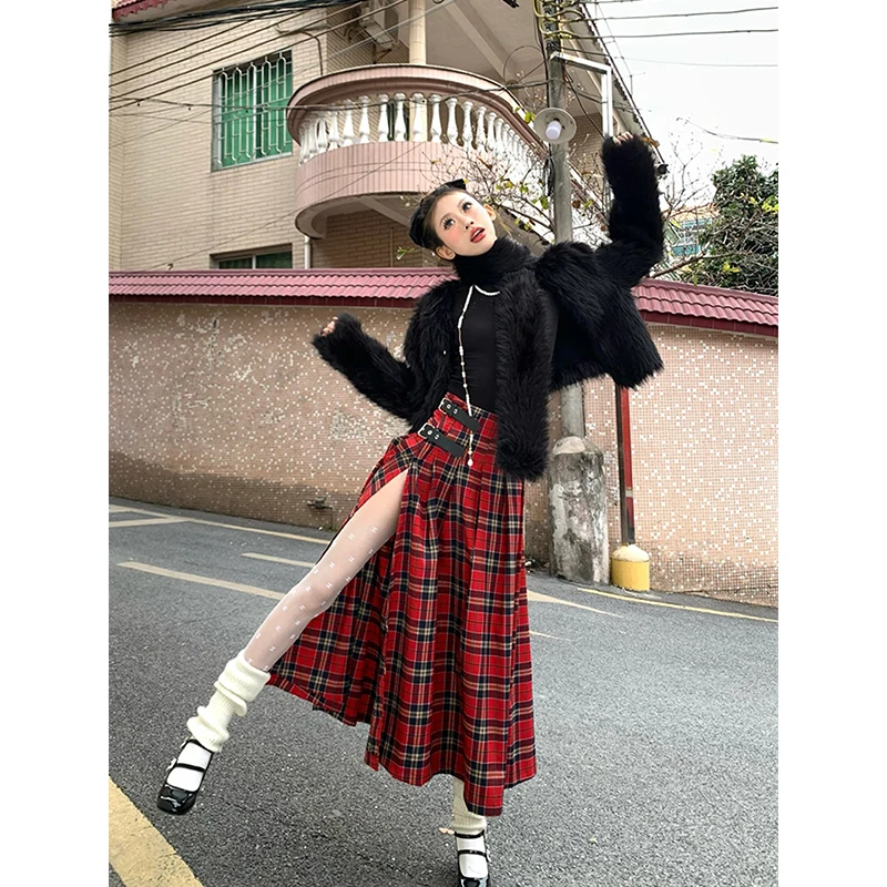 Women Skirt Pattern Long Buckled Pleated Skirt Sexy Wrap Belt Slit Skirt Retro Street Style Red Plaid A- line Long Skirt Spring