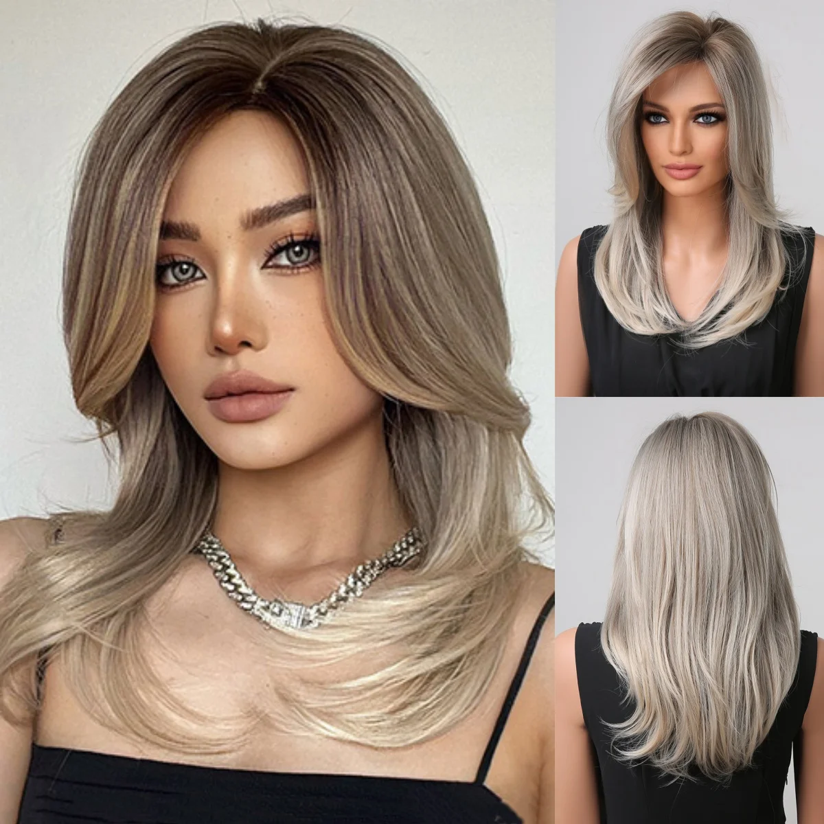 Ombre Brown High Quality Synthetic Wig Long Natural Wave Wigs with Bangs for Women Hair Daily Party High Density Heat Resistant