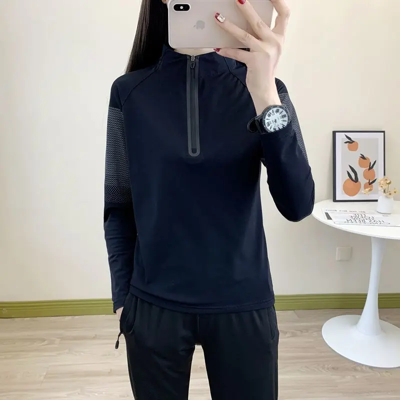Damska odzież outdoorowa z długim rękawem, szybkoschnąca, do fitnessu, biegania, chroniąca przed słońcem, z wysokim kołnierzem, oddychająca, szybkoschnąca bluzka.