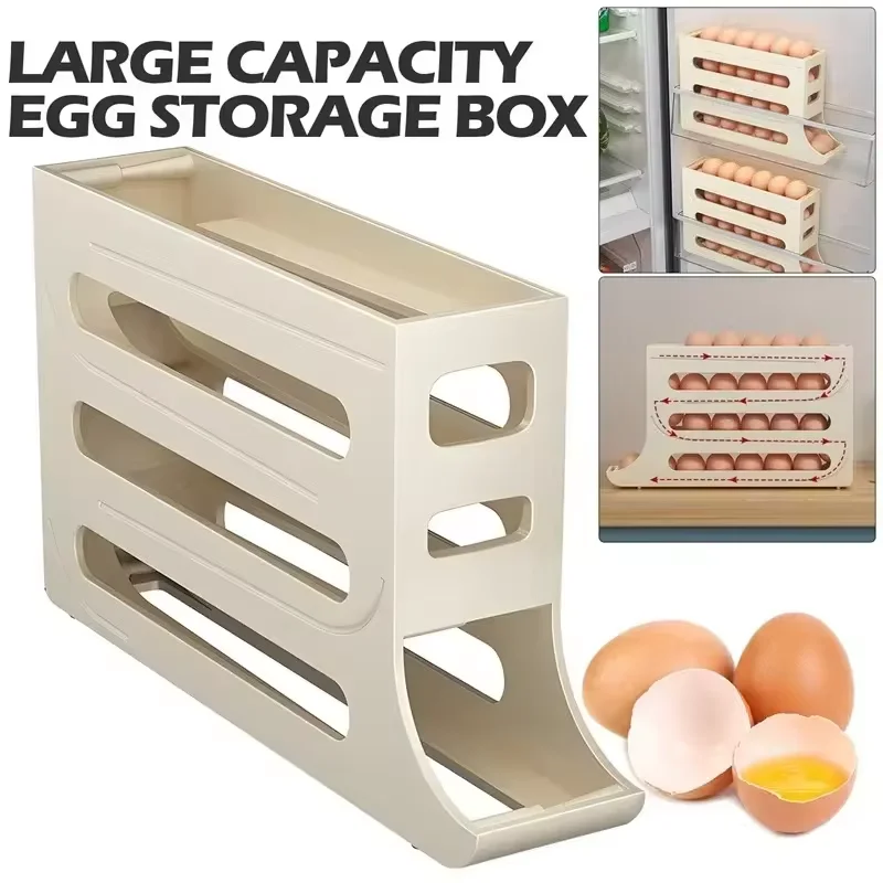 4 Tier Egg Storage Box Organizer Refrigerator Automatic Rolling Egg Organizer Holder Fridge Storage Food Storage Container