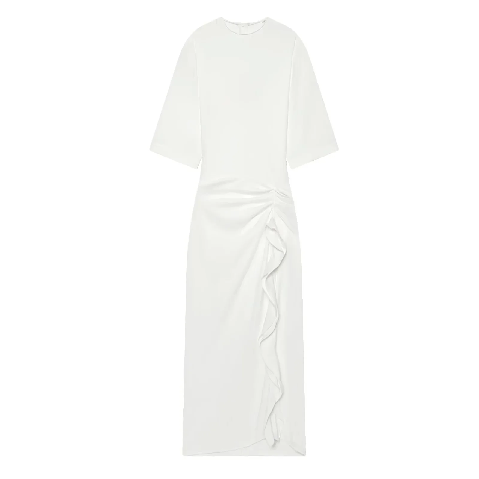 BSAY 2026 Damen Einfarbiges Rundhals-Midikleid mit Halben Ärmeln, Schmal Geschnitten, Seitlich Gerafft, Rüschen-Split, Elegantes Büro- und Formelles Kleid – Detail 11