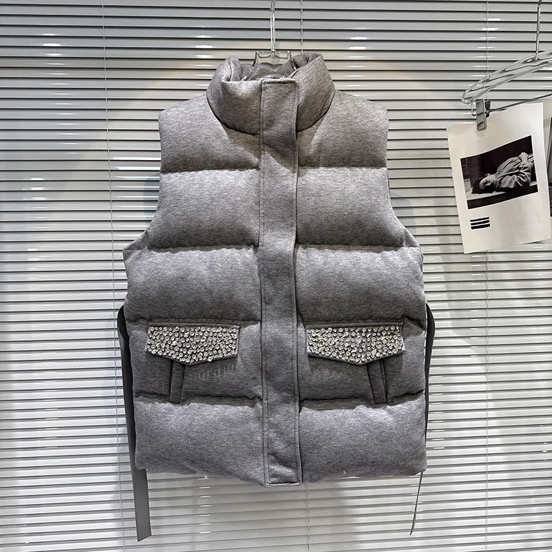

Autumn Winter Diamond Stand Collar Down Vest Women White Duck Down Sleeveless Zipper Vests Female Thick Warm Lace Up Waistcoats
