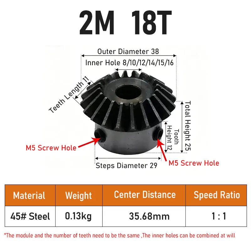 2 M 18T Bevel Gear 90 Degree Bore 8mm 10Keyway4 12Keyway4 14Keyway5 15Keyway5 16Keyway5 45# Steel Quenched High Precision