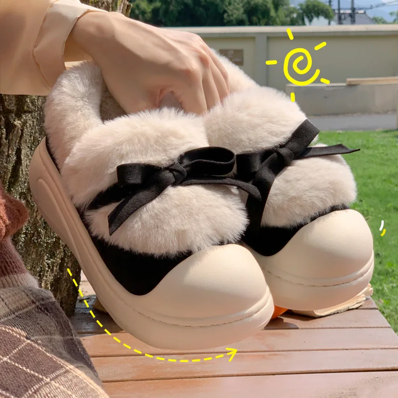 New furry shoes winter loafers women bow fur slippers woman winter slip on shoes ladies thick EVA slipper fluffy moccasins shoes