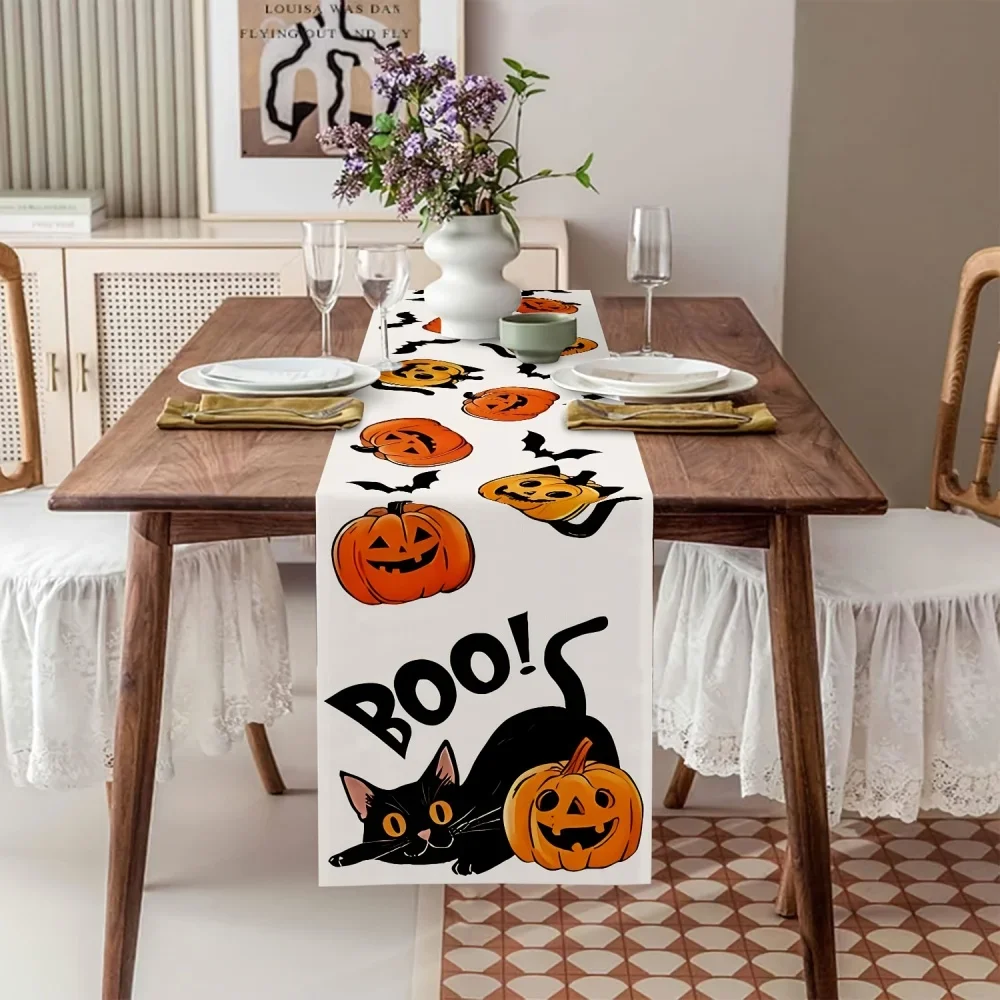 1Pc Halloween Style Table Runner White Pumpkin Bat Black Cat And Boo Text Print Table Cover For Dining Table Kitchen Party Decor