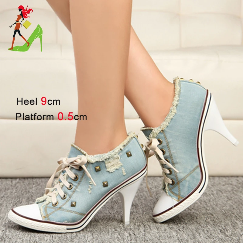 Voesnees Einzelne Schuhe Frau Denim Leinwand Schuhe Runde Kappe High Heels Mode High-Top Sneakers Lace-up Denim Frauen Casual Leinwand Stiefel 4