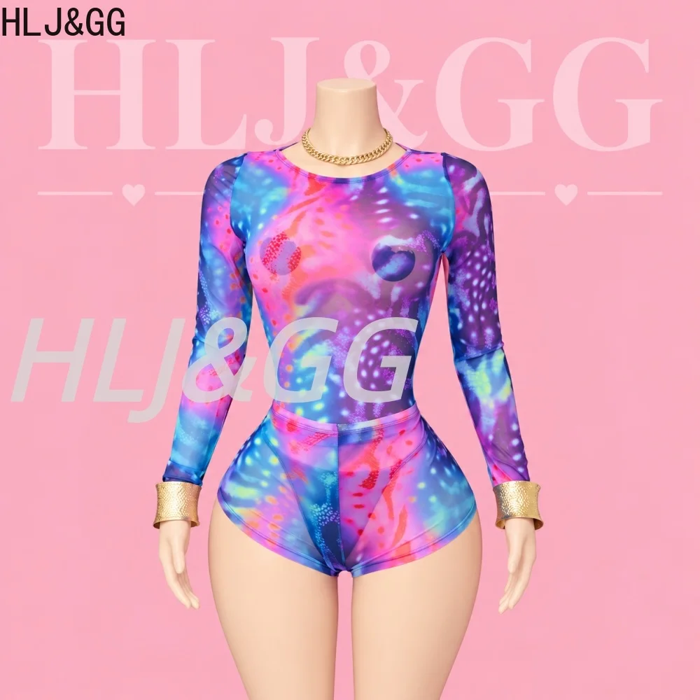 HLJ&GG Women Sexy Printed Two Piece Shorts Set Casual Round Neck Long Sleeve Stretch Top And Bodycon High Waist Shorts Clubwear