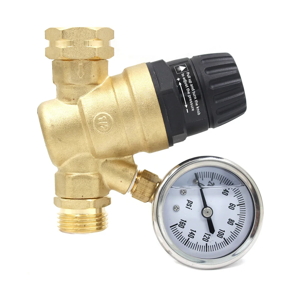 Regulator ciśnienia wody do kamperów 3/4 cala z manometrem, gwint DN20 NPT, regulowany mosiężny zawór kontroli ciśnienia do przyczep kempingowych.