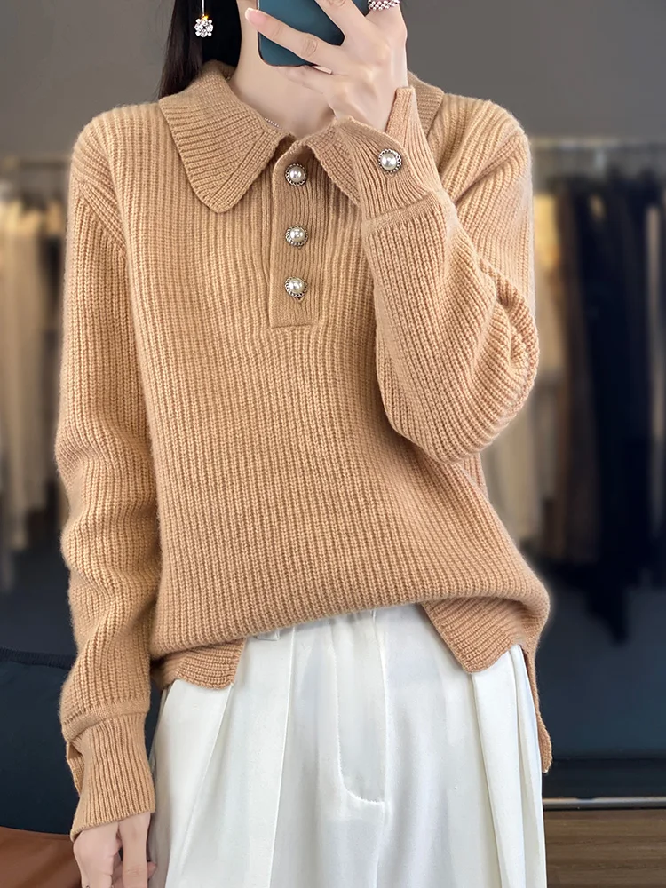 Women Polo Collar Pullovers Sweater 100% Merino Wool Thick Warm Cashmere Knitwears Spring Autum Winter High Quality Casual Tops