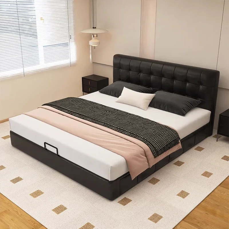 Leather bed retro waffle bed minimalist antique master bedroom solid wood soft modern simple light luxury