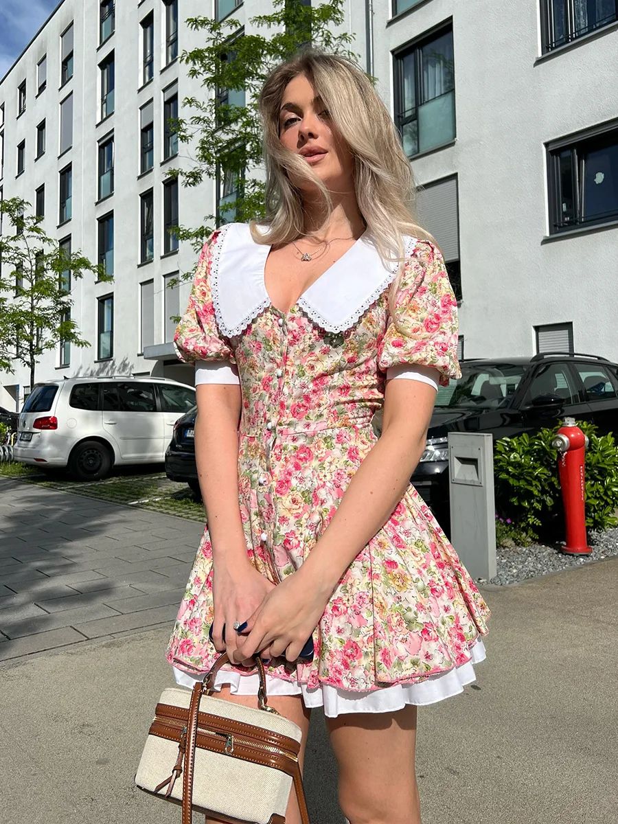 Blubelle 2025 Summer New Women's Doll Collar Printed Short Sleeve Bubble Sleeve Single Breasted Mini Dress