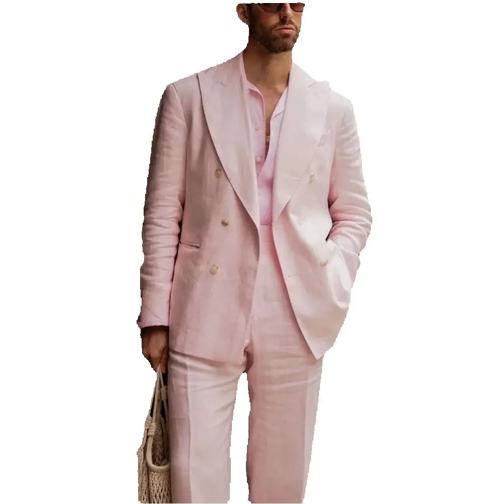 

Розовые льняные мужские костюмы, двубортные повседневные летние наряды с остроконечными лацканами, куртка-брюки, одежда для выпускного вечера, свадьбы, индивидуальная одежда