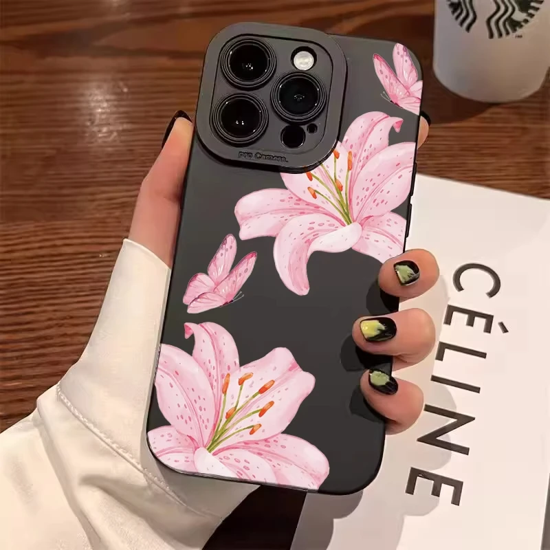 Minimalist Pink Hibiscus Flower Phone Case For iPhone 16 e 15 14 13 12 11 Pro Max Plus X XS XR SE 2020 2022 Funda Coque