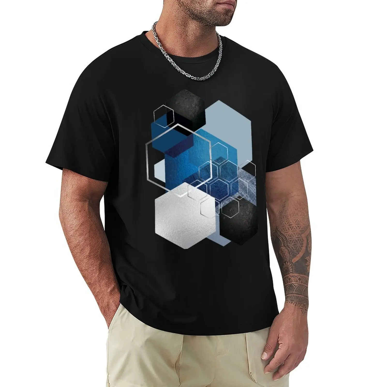 Blue Hexagonal Geometric T-Shirt Summer Holiday Casual Tee