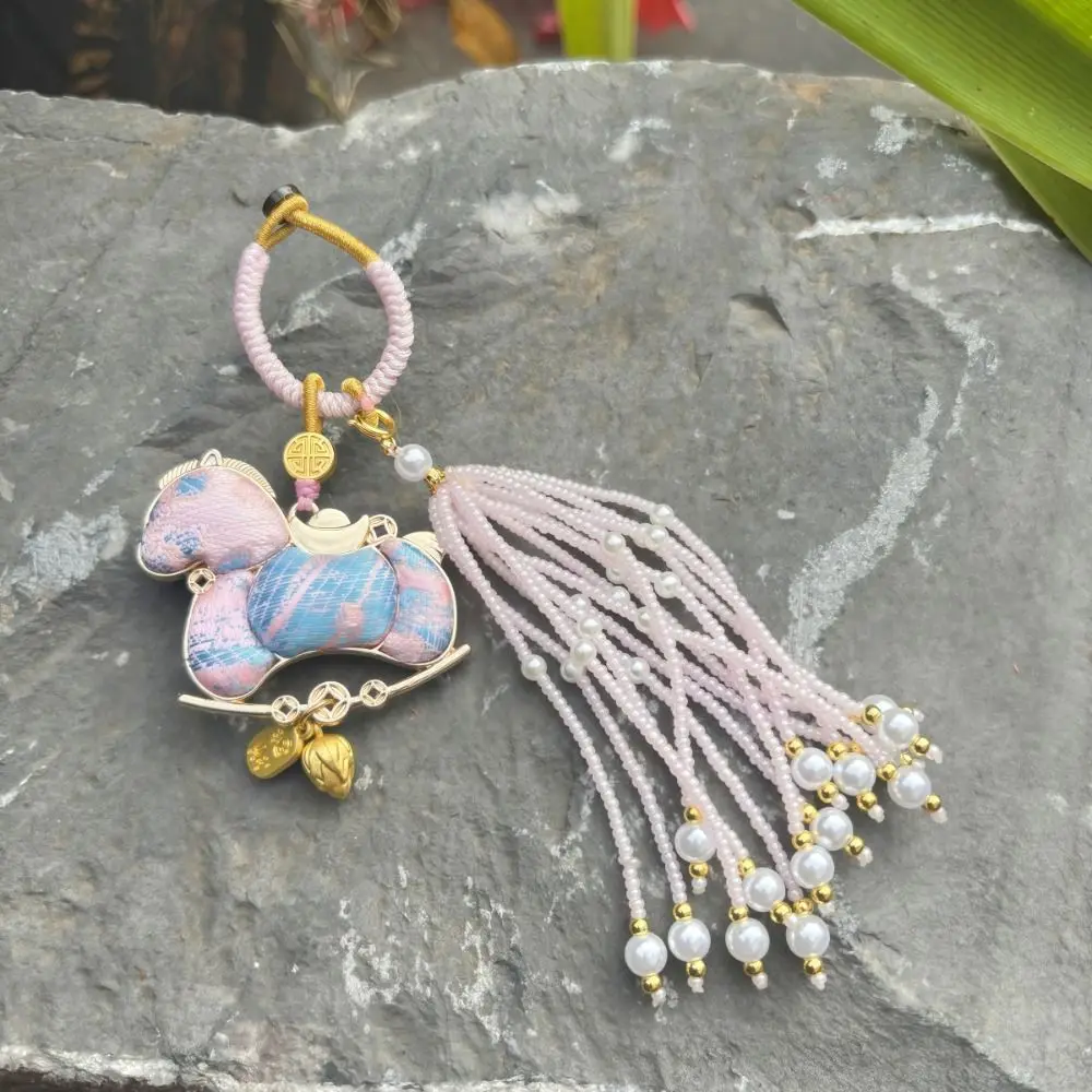 Portable Handmade Horse Keychain Chinese Style with Tassel Car Key Ring Lucky Wealth Song Brocade Bag Charm Unisex