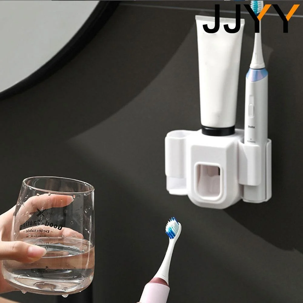 JJYY Wall Mount Electric Toothbrush Holder Double Hole Bathroom Accessories Waterproof Toothpaste Dispenser Lazy Squeezer