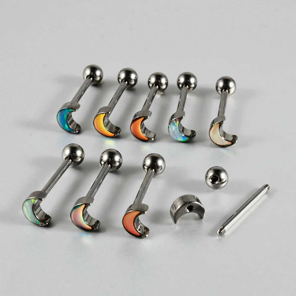1PC Titanium Flash Film Opal Moon Heart Shape Tongue Stud External Thread Helix Ear Cartilage Tragus Body Piercing Jewelry 14G image 4
