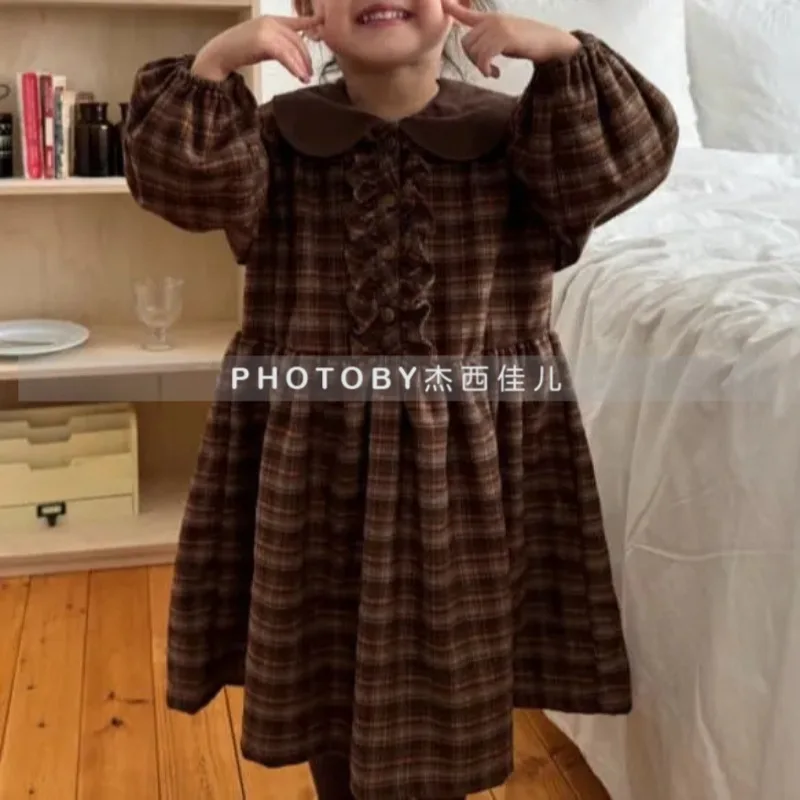 

Клетчатое платье для девочек, осенне-зимняя новинка, универсальная, модная и удобная, корейская детская одежда, длинная юбка