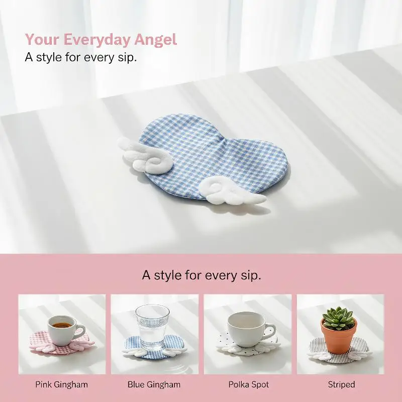Aesthetic Angel Wing Heart Coaster Sweet Girly Plaid Anti-Scald Table Mat for Bedroom Desktop Decor 1Pcs
