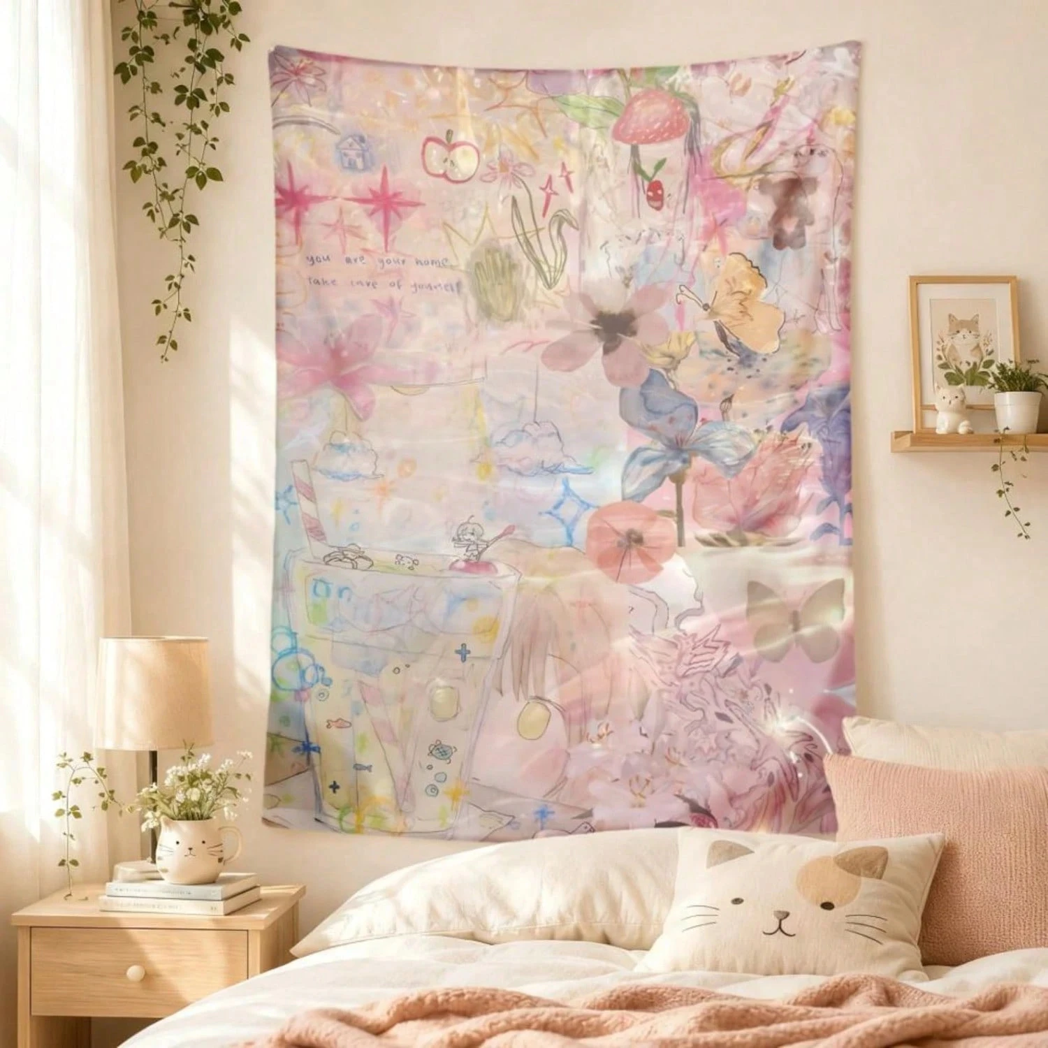 1pc Anime Sketch Collage Tapestry Floral Butterfly Strawberry Apple Positive, Suitable For University Dormitories, Bedrooms