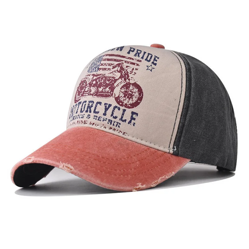 Motorrad Sonnenhut Graffiti Print Baseball gewaschene Vintage Cap Farbblock Baseball breite Krempe Hut Entenschnabel Cap – Detail 6