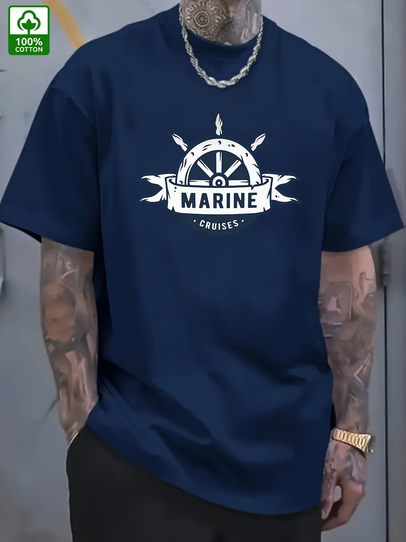 تصميم نمط Oar-100% تي شيرت رجالي صيفي من القطن برقبة دائرية وأكمام قصيرة مطبوع كاجوال.