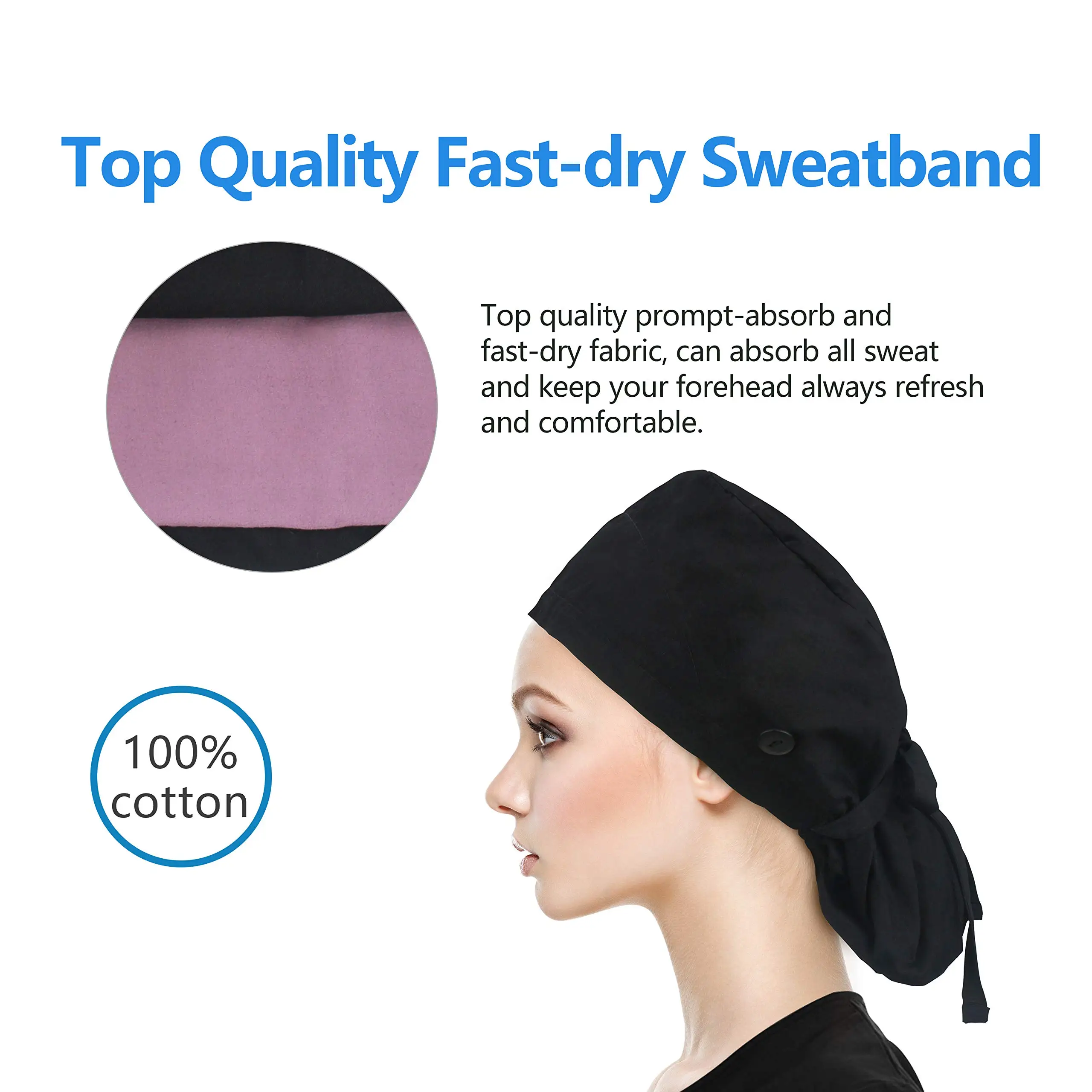 Bouffant Hat With Sweatband Women Men Unisex Solid Adjustable Elastic Bandage Tie Back Nurse Makeups Scrub Cap With Buttons