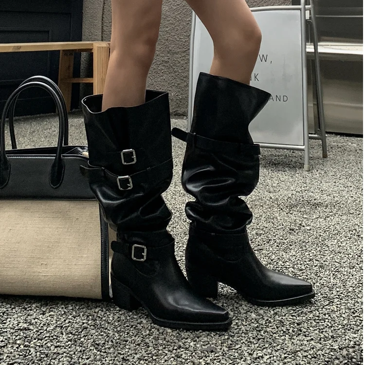 

Fall Winter Tall Riding Boots arp Point Belt Bule High Heel Knight Boots Sexy Wide Tube Long Boots Faionable Briti Sle
