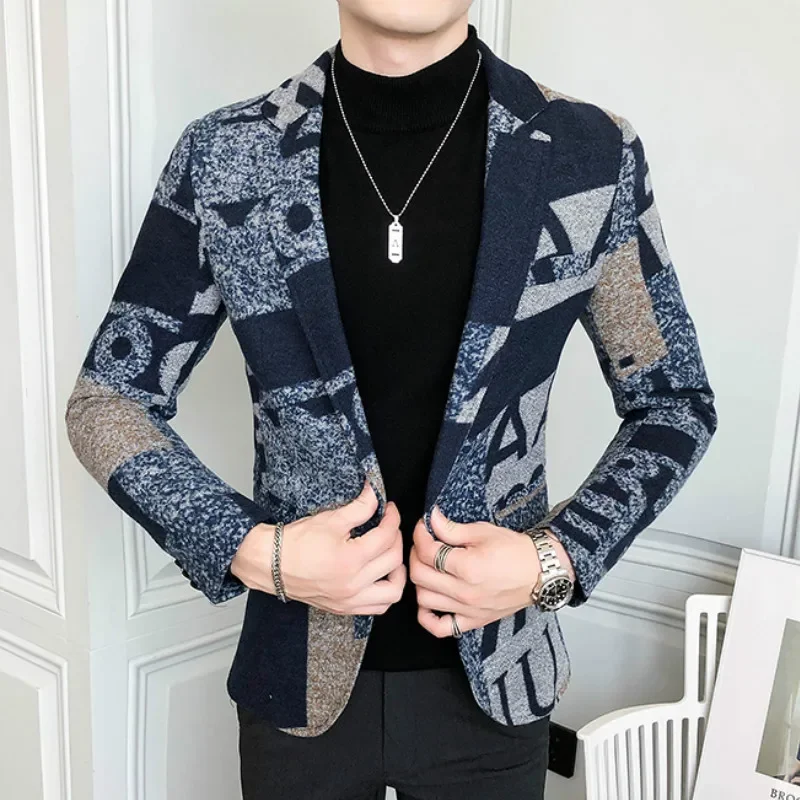 Luxury Men Letter Print Woolen Blazer 2024 Autumn New Mens Casual Suit Jacket Slim Fit Party Club Wedding Social Blazer Homme