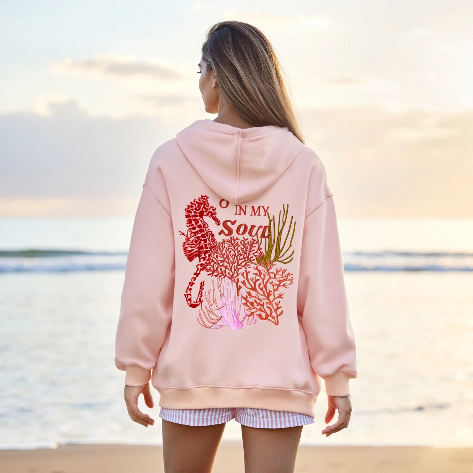 Fall Winter Casual Women's Fashion Loose Hoodies Letter Sea Elements Embroidered Hooded Long Sleeve Sweatshirts Pullovers Tops