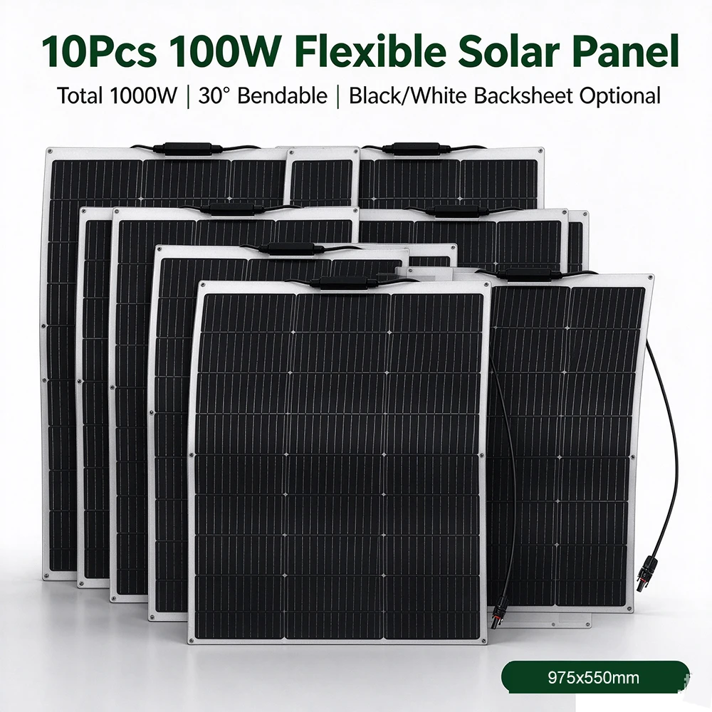 10Pcs 100W Flexible Solar Panel Monocrystalline 1000W Total Bendable PV Module for 12V Battery RV Boat Balcony Home