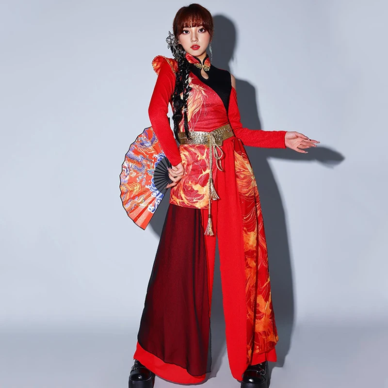 Chinese Style Jazz Dance Costume Women Stage Clothes Nightclub Party Show Outfit Red Chinese Clothing Adult Hip Hop Outfit 1337