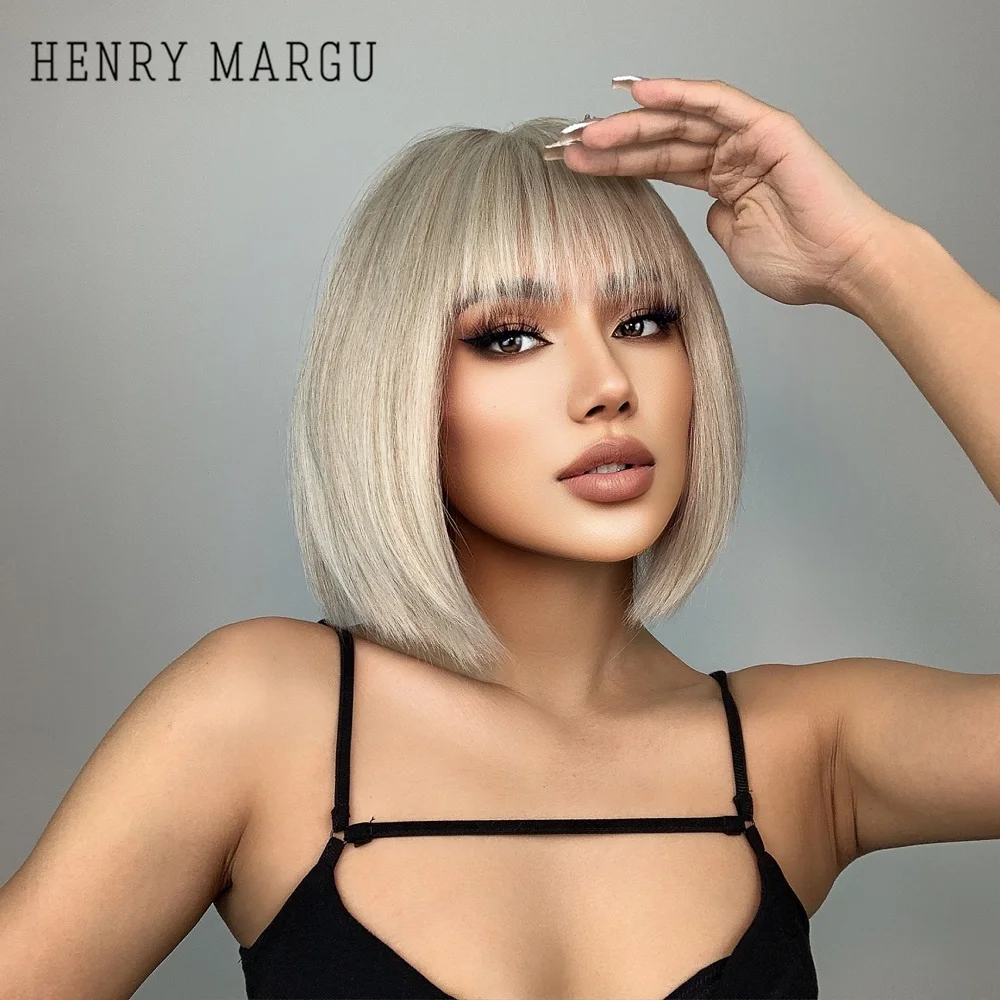 HENRY MARGU Short Straight Bob Platinum Synthetic Wigs with Bangs Light Blonde Natural Wig for Women Daily Party Heat Resistant