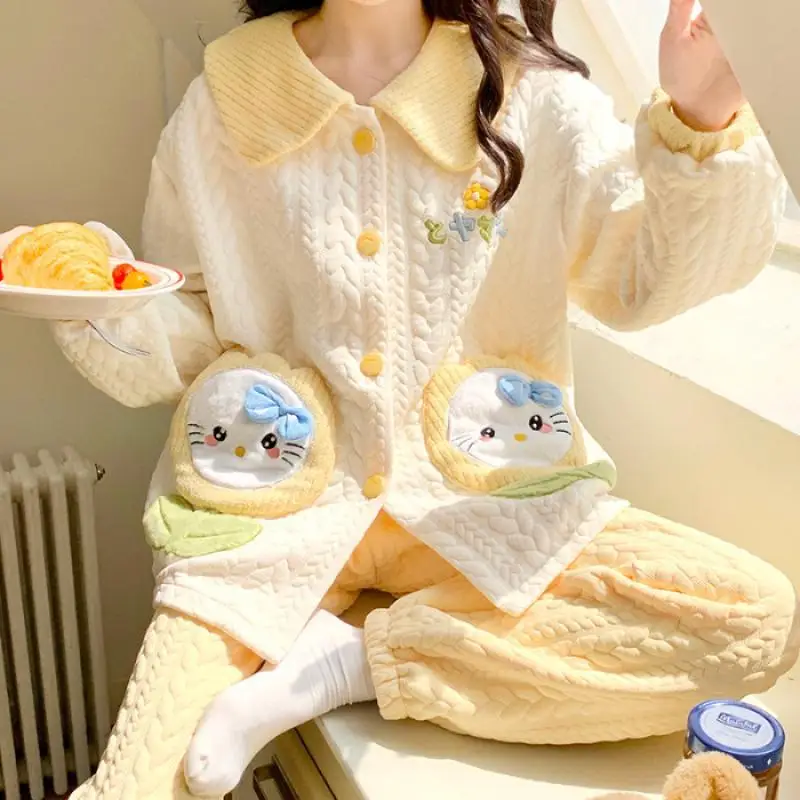 Sanrio hello kitty menina flanela flip colarinho manter quente mangas compridas conjunto de pijama inverno kawaii kuromi comic espessamento roupas para casa